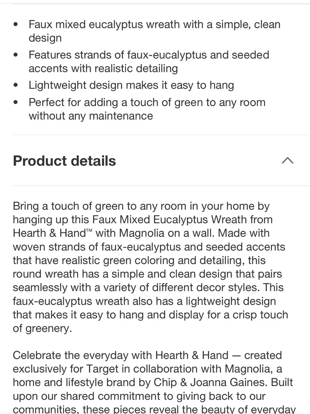 Hearth & Hand Faux Eucalyptus Wreath - 24”Diameter Green